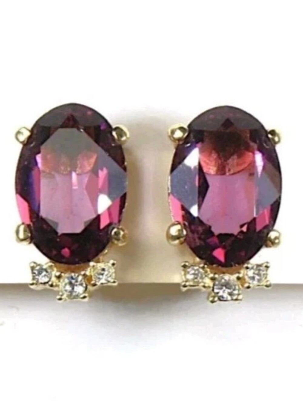 Christian Dior VTG Gold-tone Earrings Cut Purple w/ Crystal Accents .75" Clip-on